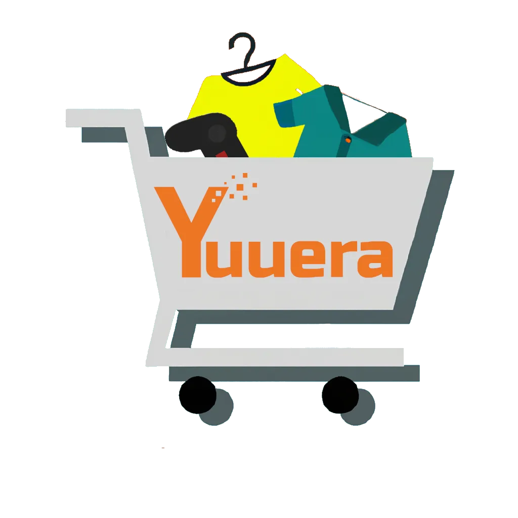 A shopping cart with a Yuuera logo on it with clothes and games in the shopping cart